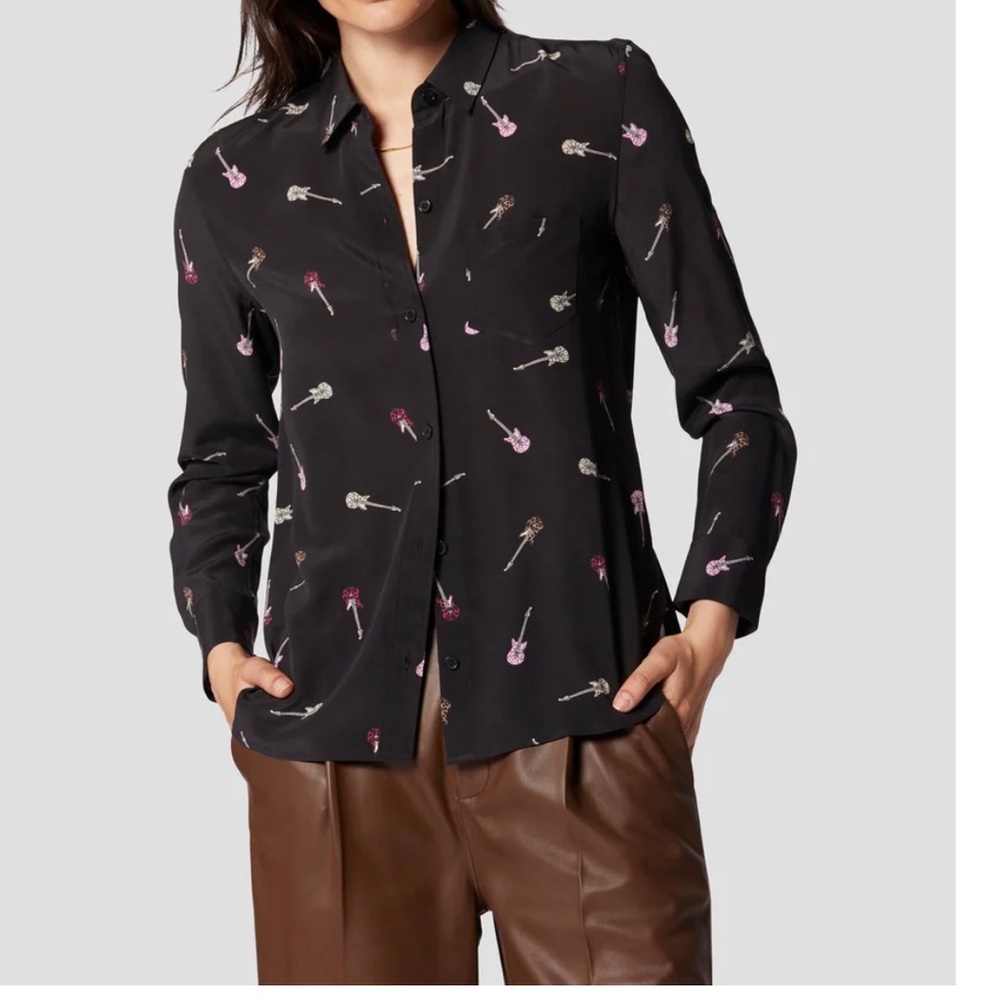 Equipment “Leema” Black Silk Shirt with Guitar Design, Size S